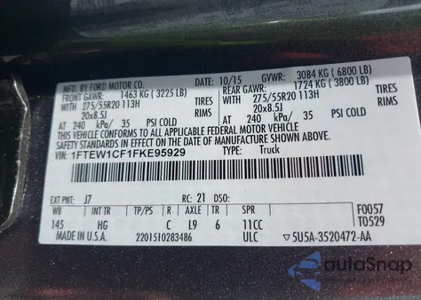 2015 Ford F-150 Lariat from USA, damaged, VIN 1FTEW1CF1FKE95929